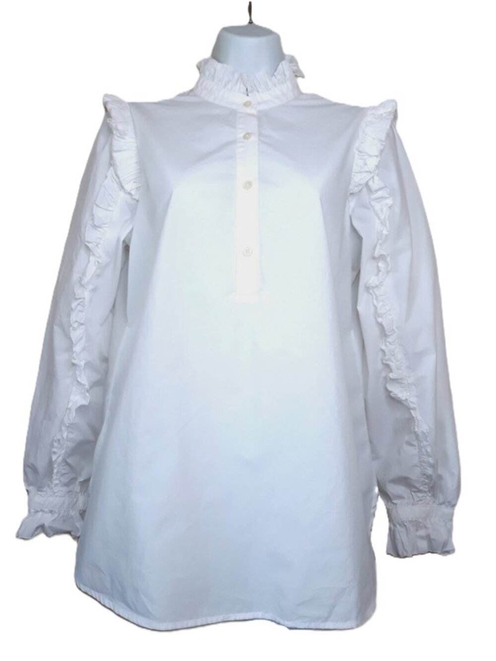 J. Crew White Ruffle High Neck Button Up Tunic Blouse Victorian Cottagecore